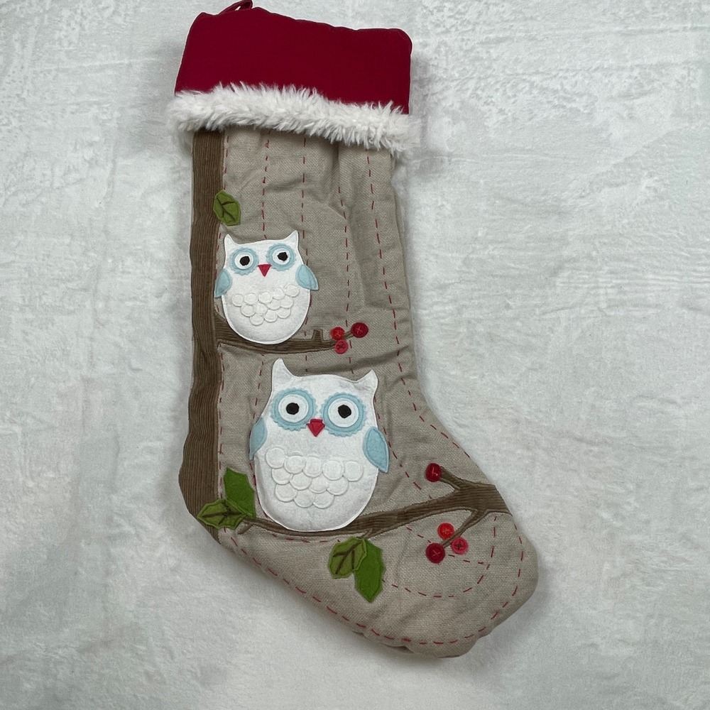 Pottery Barn Kids Owl Christmas Stocking Red Faux Fur Trim Woodland Holiday 20"